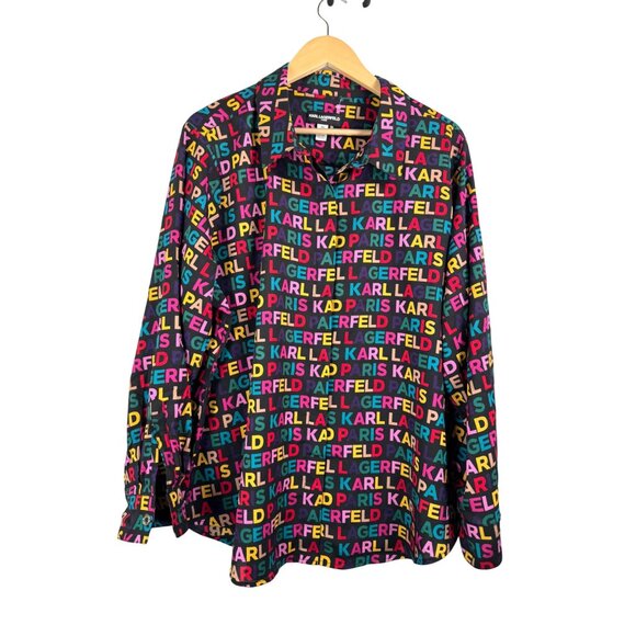 Karl Lagerfeld Tops - Karl Lagerfeld Logo Button all over print Blouse relaxed retro  sz 1X